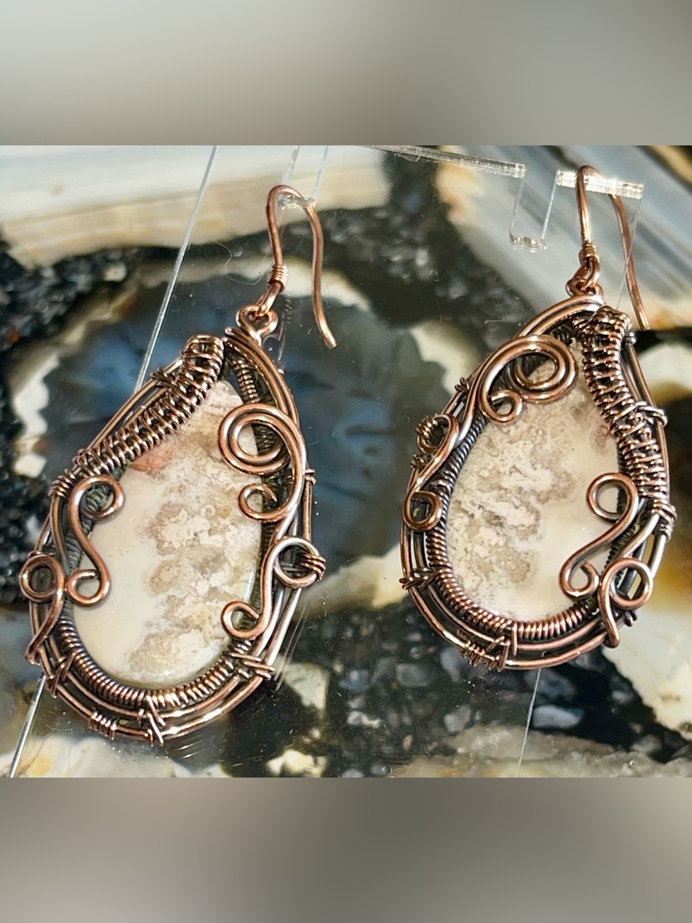 Copper Wire-wrapped Crazy Lace Agate Earrings 2 1/4” - Picture 7 of 17